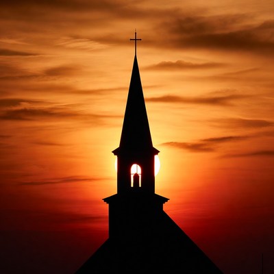 Church Steeple Silhouette at Sunset