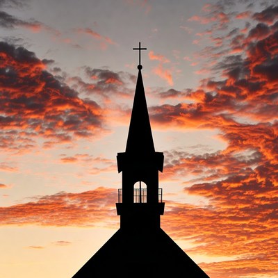 Church silhouette against sunset sky