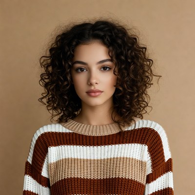 Woman with curly hair in striped sweater