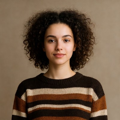Young woman with curly hair in striped sweater