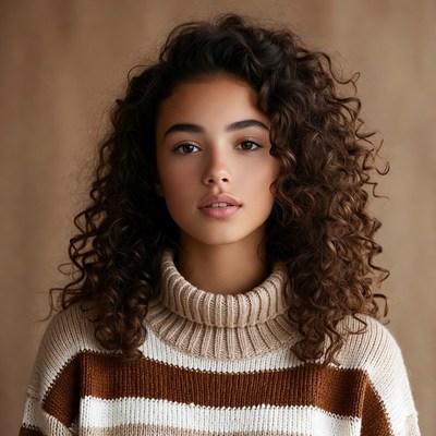 Woman with curly hair in turtleneck sweater