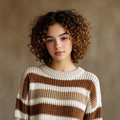 Teen girl with curly hair in striped sweater