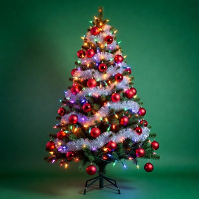 Lit Christmas Tree with Red Ornaments