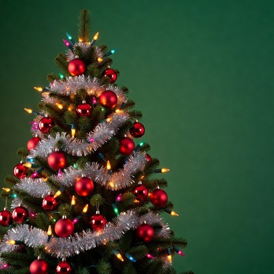 Lit Christmas Tree with Red Ornaments