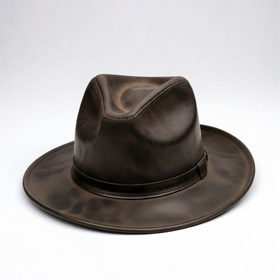 Distressed Brown Leather Fedora Hat