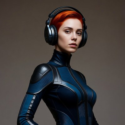 Redhead woman in black futuristic suit with headphones