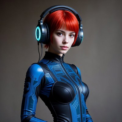 Woman with red hair wearing gaming headset