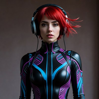 Woman with red hair wearing headphones