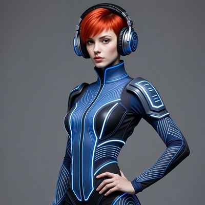 Redhead woman in blue futuristic suit headphones