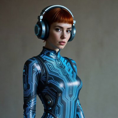Redhead woman in cyber suit with headphones