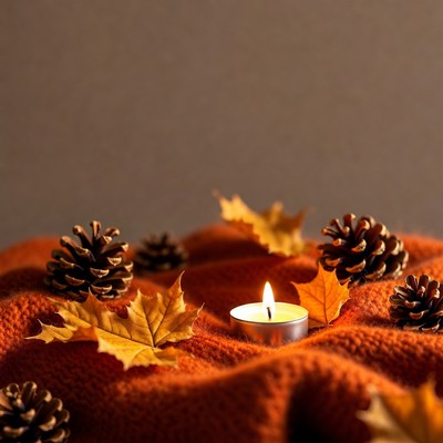 Candle with pinecones and autumn leaves