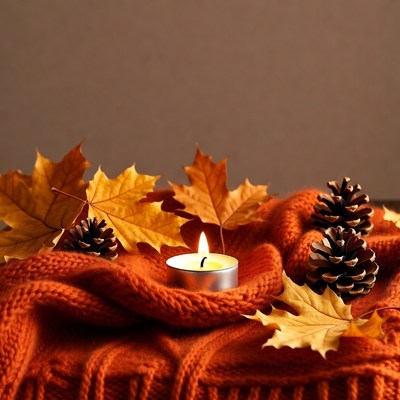 Autumn Candle on Knitted Scarf