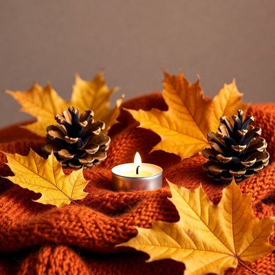 Lit Candle with Pine Cones and Autumn Leaves