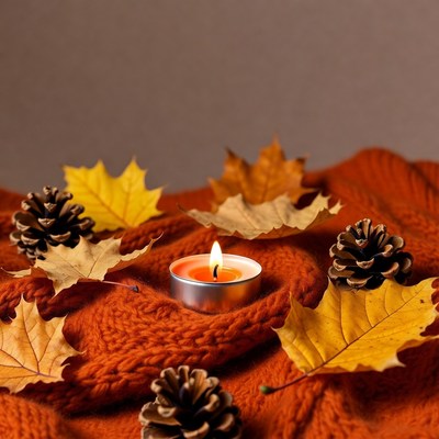 Fall Candle with Leaves and Pinecones