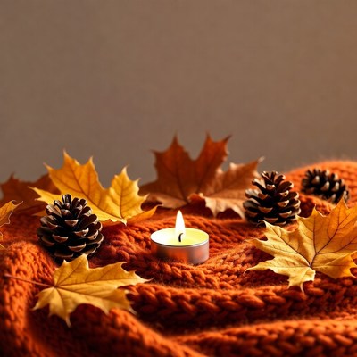 Fall Candle with Pine Cones and Leaves