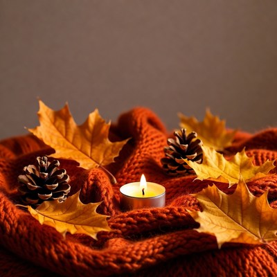 Autumn Candle with Pinecones and Leaves