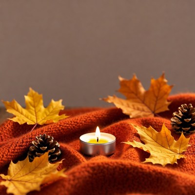 Lit Candle with Autumn Leaves and Pine Cones