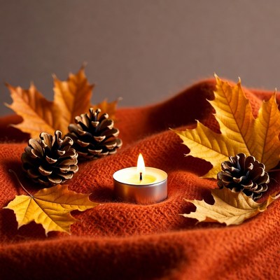 Lit Candle with Autumn Leaves and Pinecones