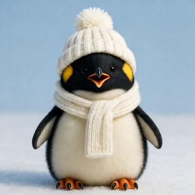 Cute penguin wearing white knit hat scarf