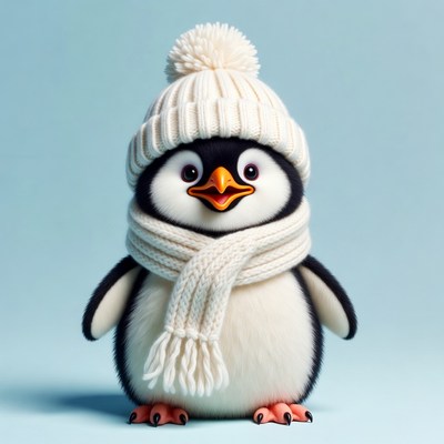 Cute penguin wearing winter hat scarf
