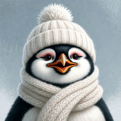 Penguin wearing white knit hat scarf