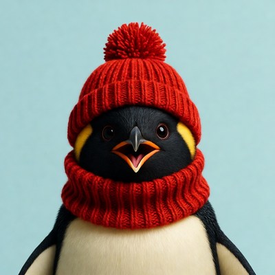 Penguin wearing red knit hat scarf