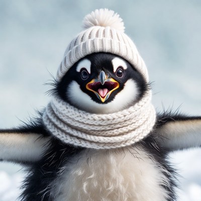 Penguin wearing winter hat and scarf