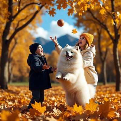Family playing with Samoyed in autumn leaves