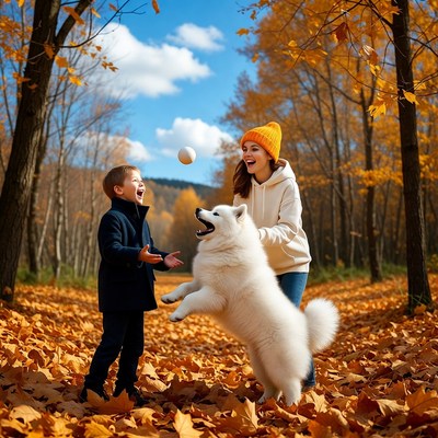Boy and Woman Playing with Samoyed in Autumn Forest