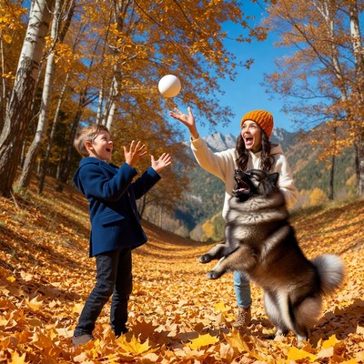 Mother and boy playing with dog in autumn forest