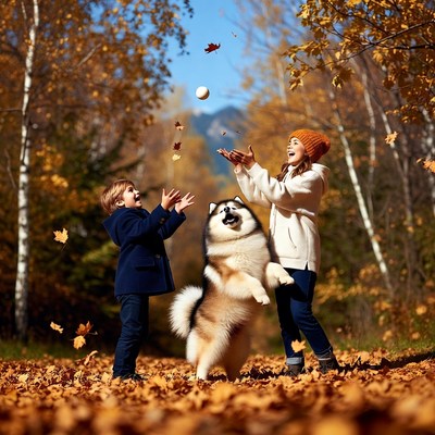 Girl and Boy Playing with Samoyed in Autumn Forest