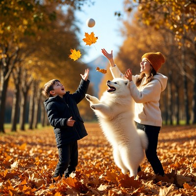Boy and girl playing with Samoyed in autumn leaves