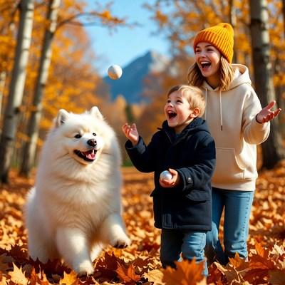 Mother and boy playing with Samoyed in autumn forest