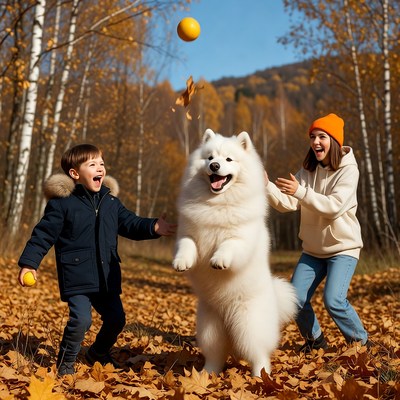 Boy and girl playing with Samoyed in autumn forest