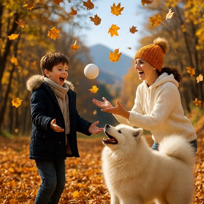 Boy and Mom Playing with Samoyed in Autumn Leaves