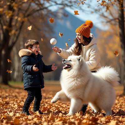 Mother and boy playing with Samoyed in autumn leaves