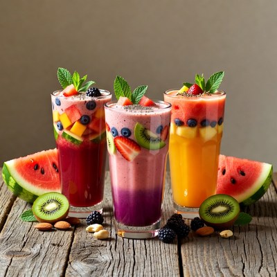 Three Colorful Fruit Smoothies with Toppings