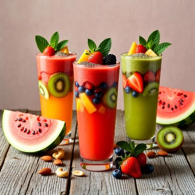 Three Colorful Fruit Smoothies with Toppings