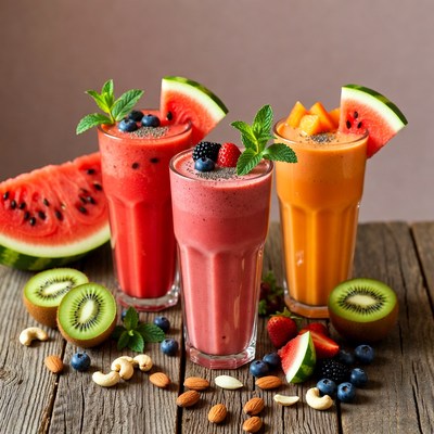 Three Colorful Fruit Smoothies with Toppings