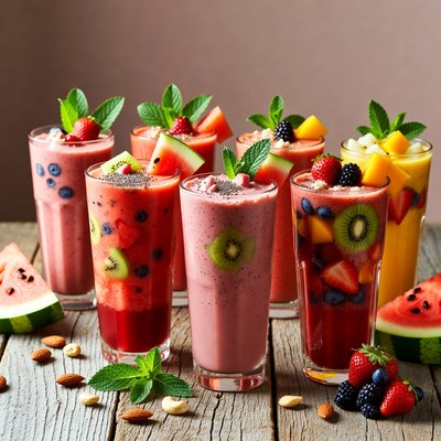 Colorful Fruit Smoothies on Wooden Table