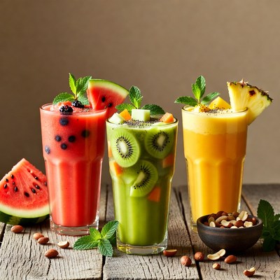 Three Fresh Fruit Smoothies with Garnishes