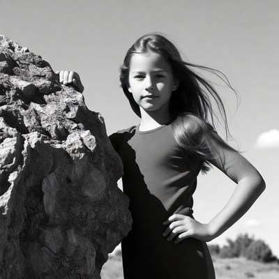 Girl leaning on large rock