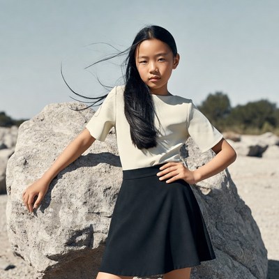 Asian girl posing by rock outdoors