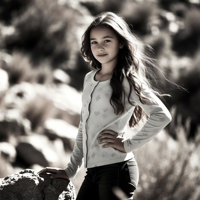 Young girl posing by rock outdoors