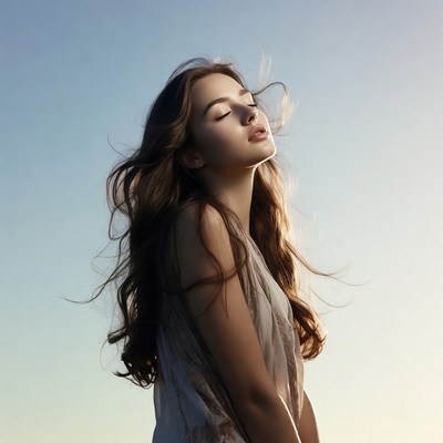 Woman with flowing hair eyes closed sky