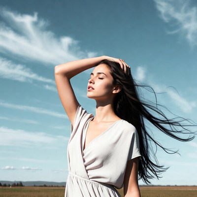 Woman with long hair in windy field