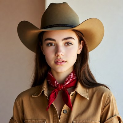 Woman wearing cowboy hat and bandana