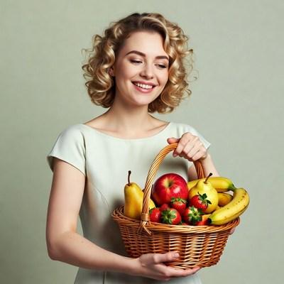 Woman holding basket of fresh fruit