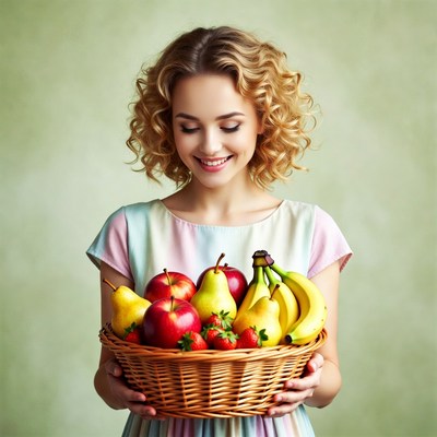 Woman holding basket of fresh fruits