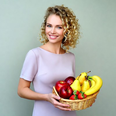 Woman holding basket of fruit